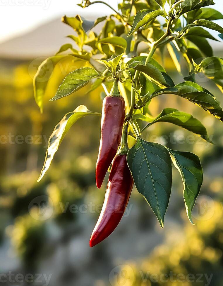 chilies are still on the tree with blur background photo