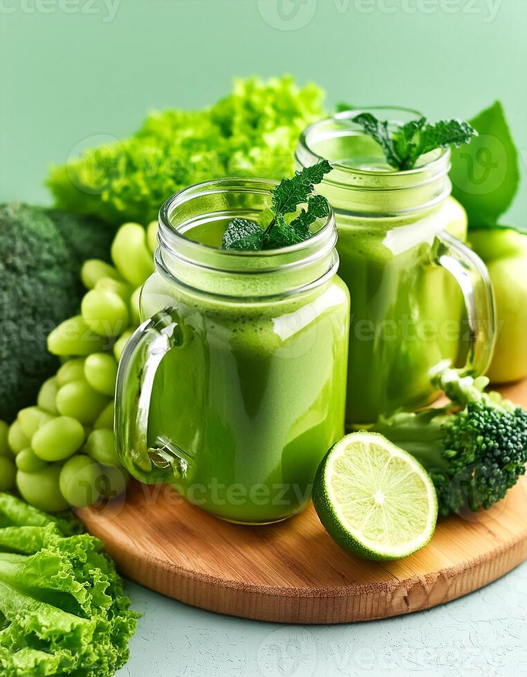 Creative food concept. Glass jar mugs with green health smoothie, kale leaves, lime, apple, kiwi, grapes, banana, avocado, lettuce. Copy space. Raw, vegan, vegetarian, alkaline food concept. Banner photo