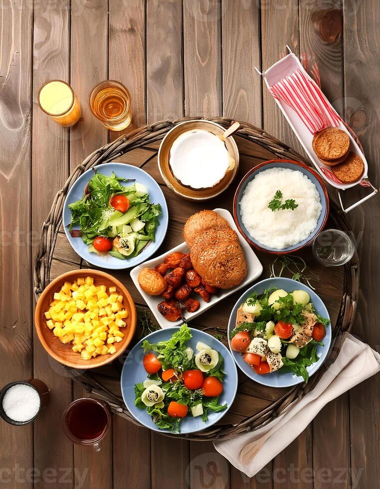 creative food concept. table with food, top view photo