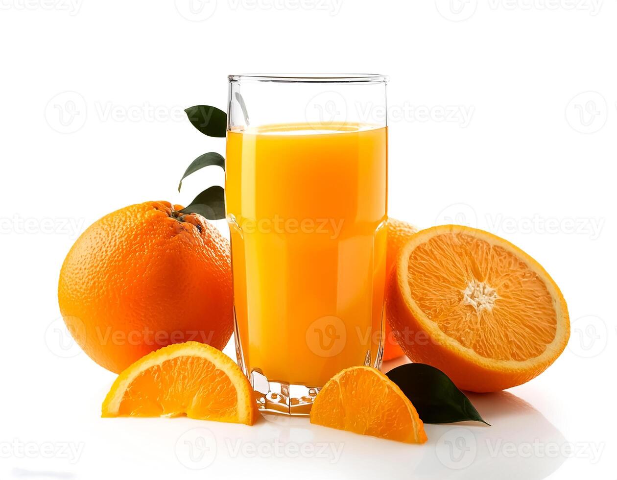 Glass of Orange juice with orange sacs and slices fruits isolate on white background photo