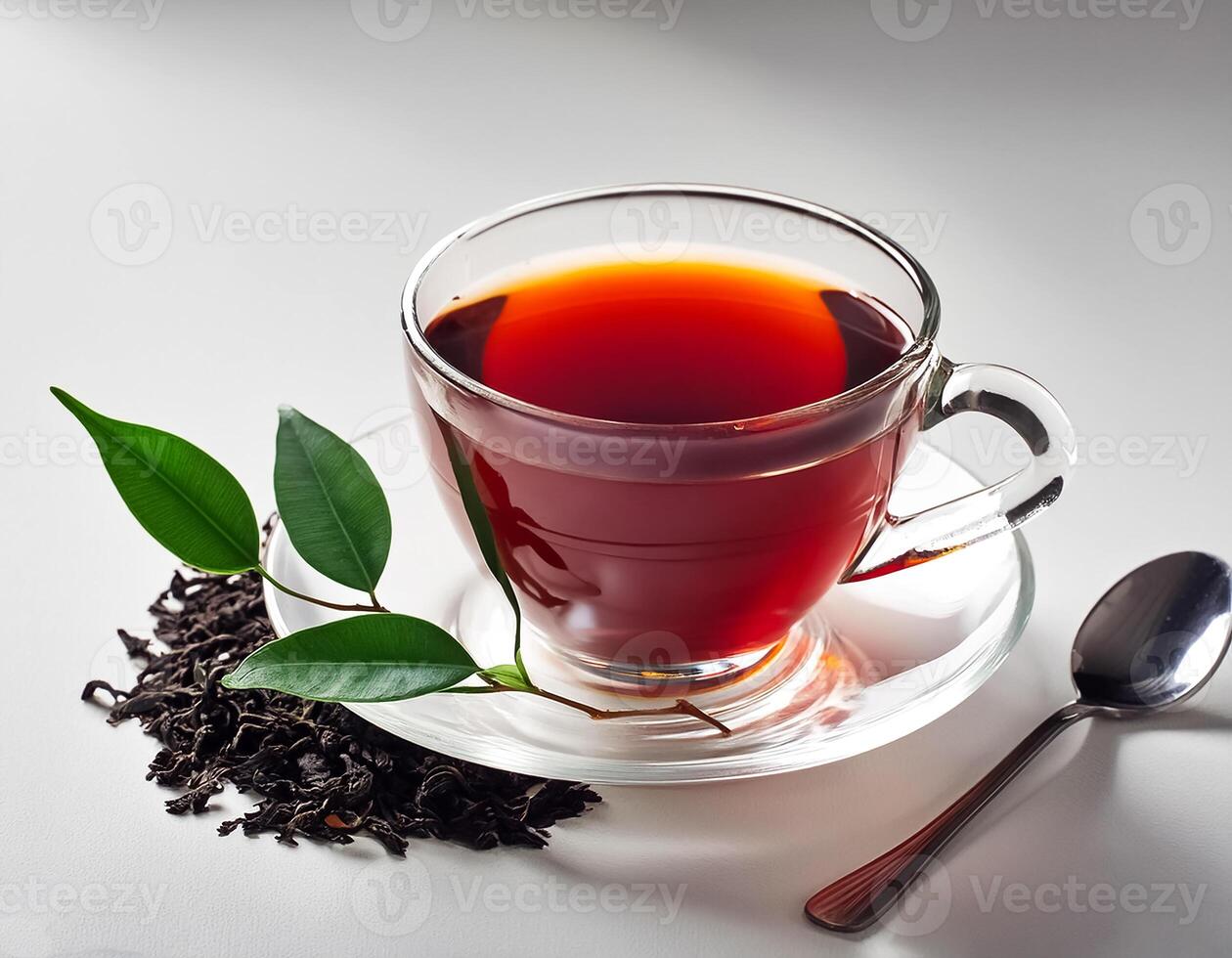 Glass cup of hot aromatic tea with leaves on clear white background photo