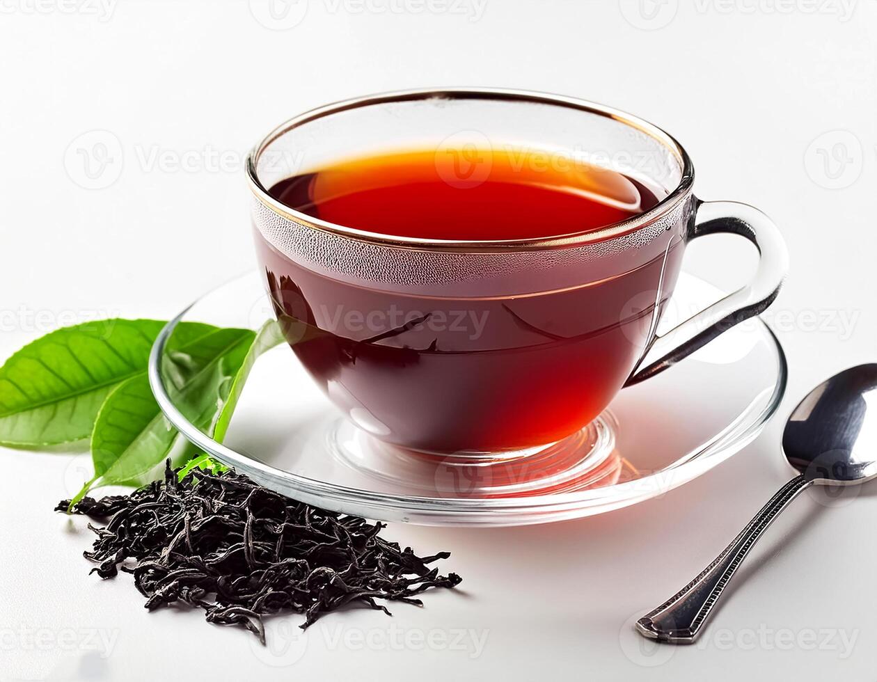 Glass cup of hot aromatic tea with leaves on clear white background photo