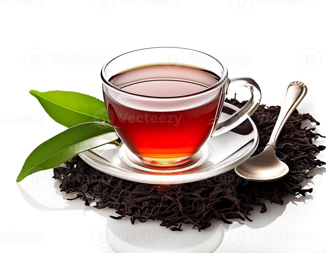 Glass cup of hot aromatic tea with leaves on clear white background photo
