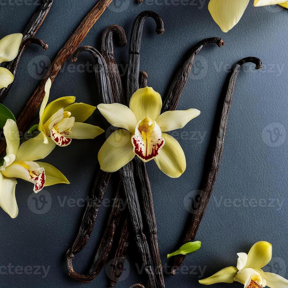 photo of Vanilla flower and pods with leaves from above. pattern texture background.