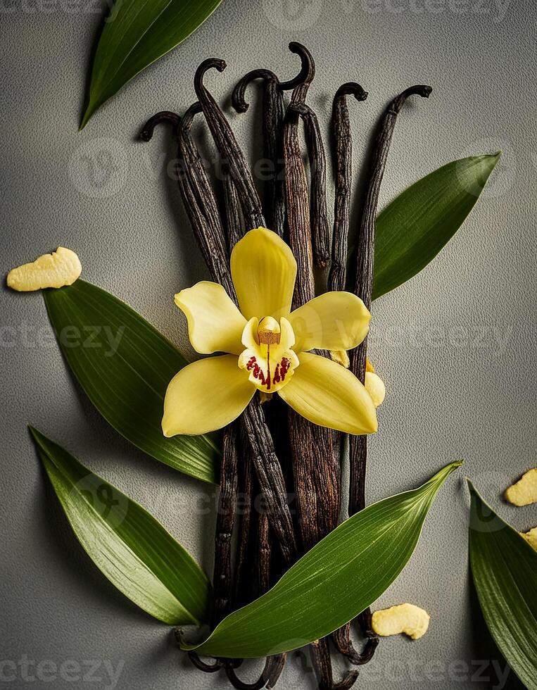 photo of Vanilla flower and pods with leaves from above. pattern texture background.