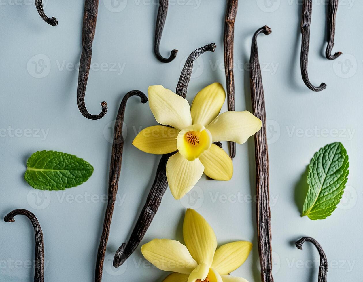 photo of Vanilla flower and pods with leaves from above. pattern texture background.