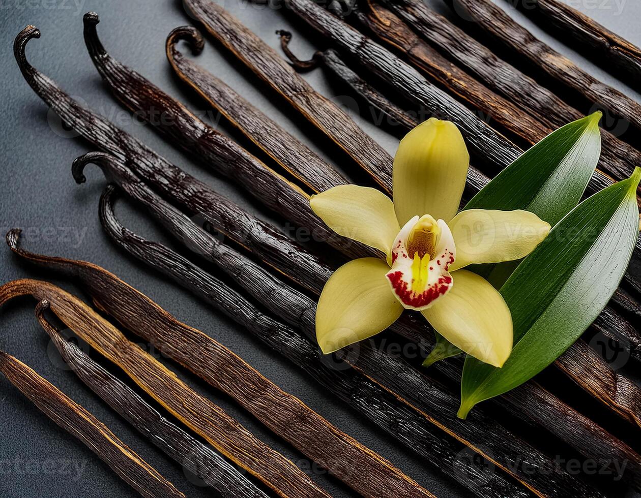 photo of Vanilla flower and pods with leaves from above. pattern texture background.