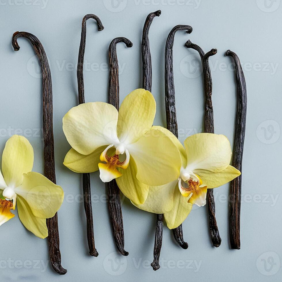 photo of Vanilla flower and pods with leaves from above. pattern texture background.
