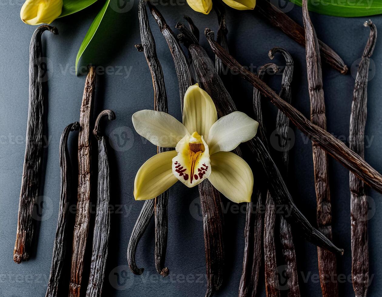 photo of Vanilla flower and pods with leaves from above. pattern texture background.