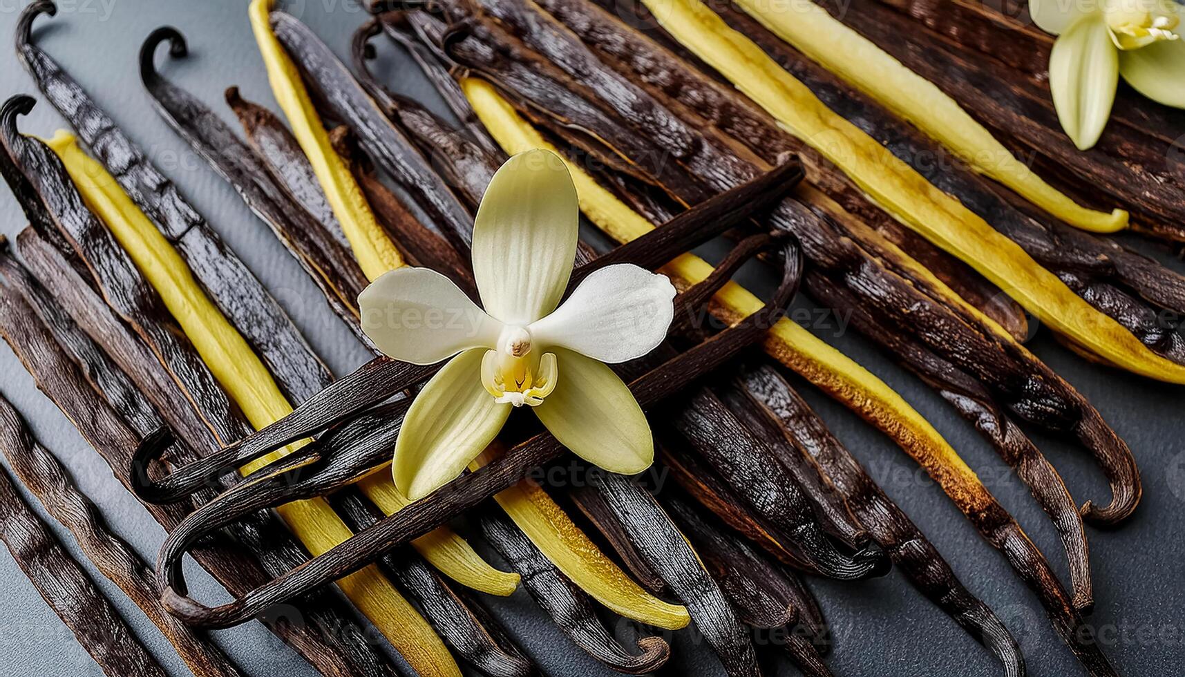 photo of Vanilla flower and pods with leaves from above. pattern texture background.