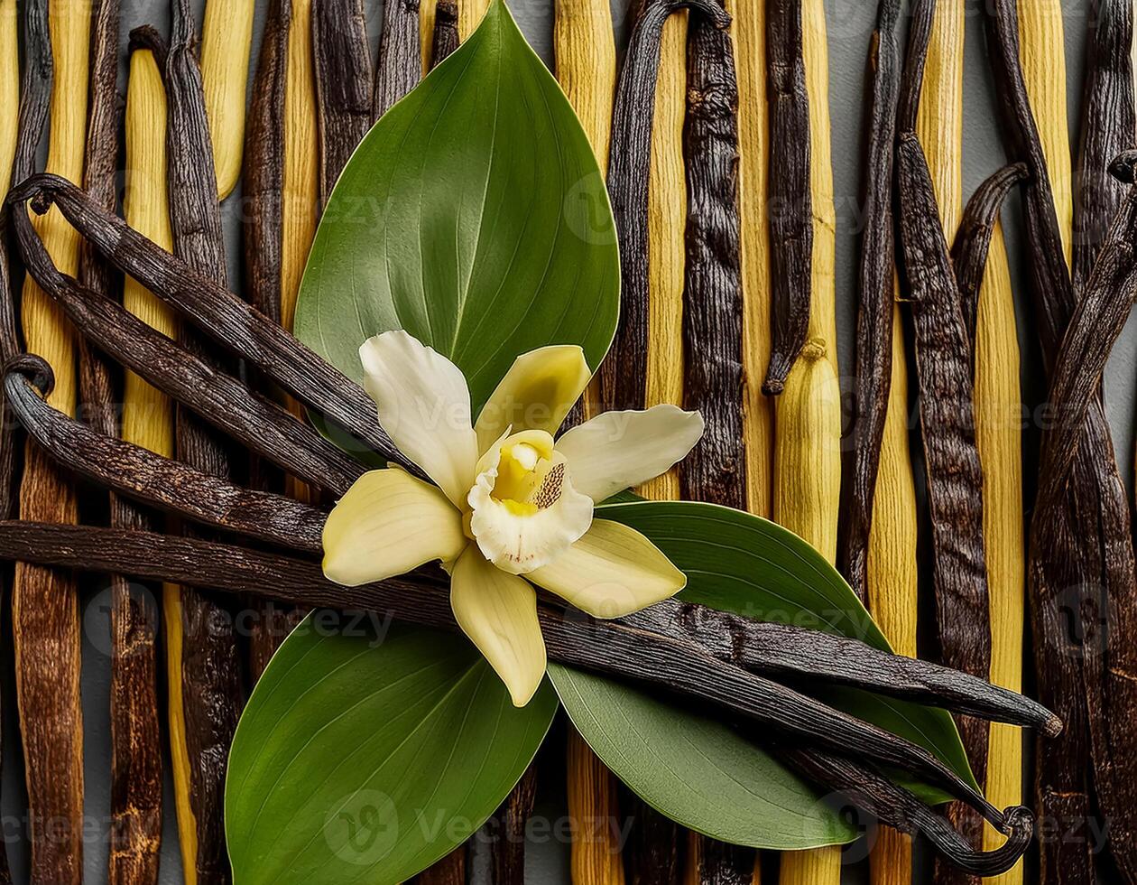 photo of Vanilla flower and pods with leaves from above. pattern texture background.