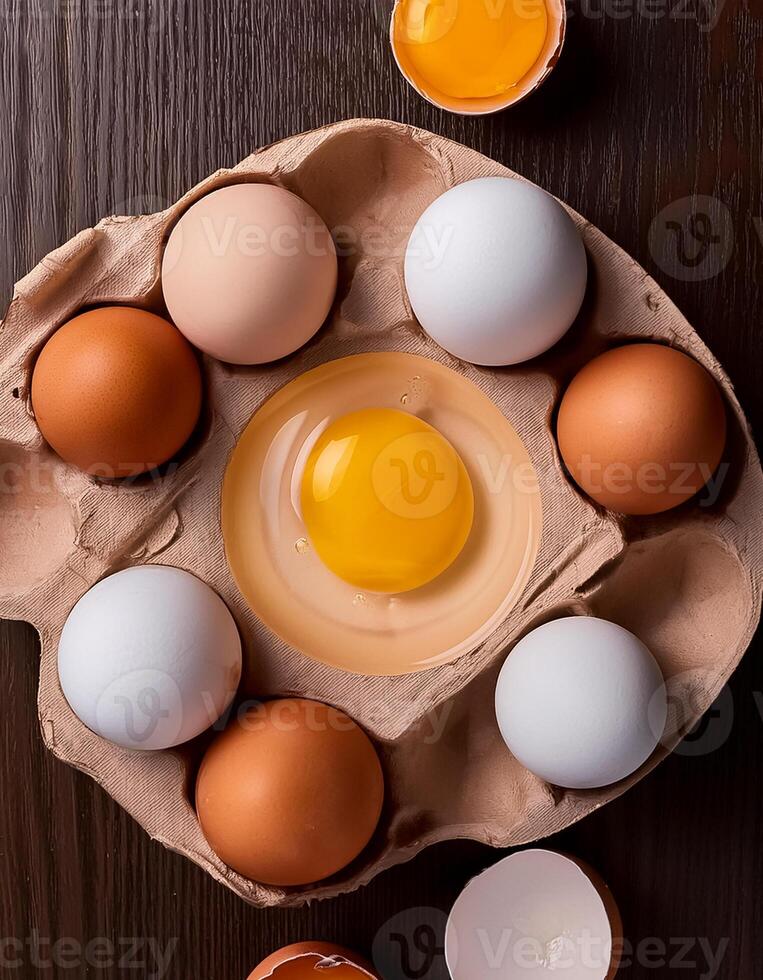 photo pallet with eggs and raw broken egg with yolk. Pattern texture background