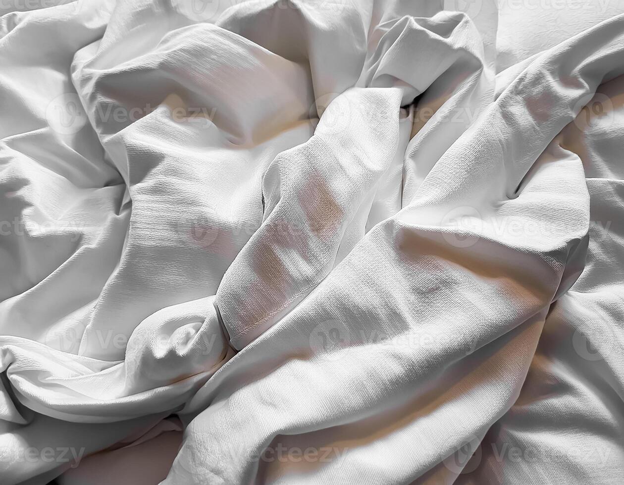 Background concept. Soft bed sheets that are still wrinkled after being used. The white bed sheets were crumpled and shabby. Pattern texture background. photo