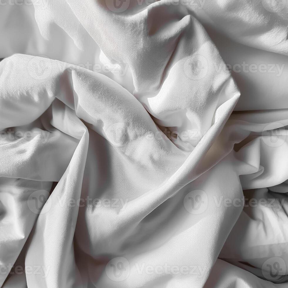 Background concept. Soft bed sheets that are still wrinkled after being used. The white bed sheets were crumpled and shabby. Pattern texture background. photo