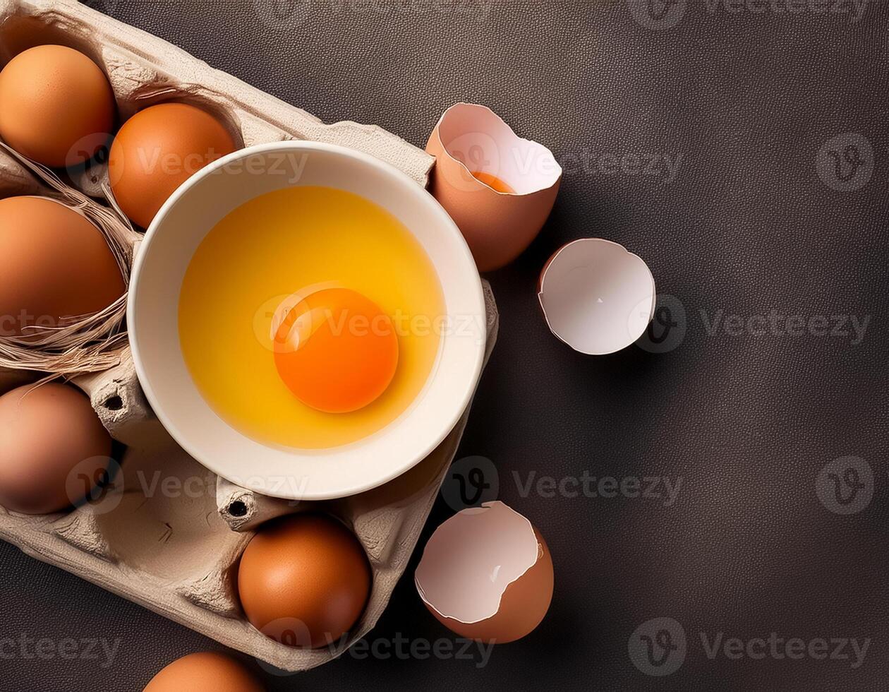 photo pallet with eggs and raw broken egg with yolk. Pattern texture background