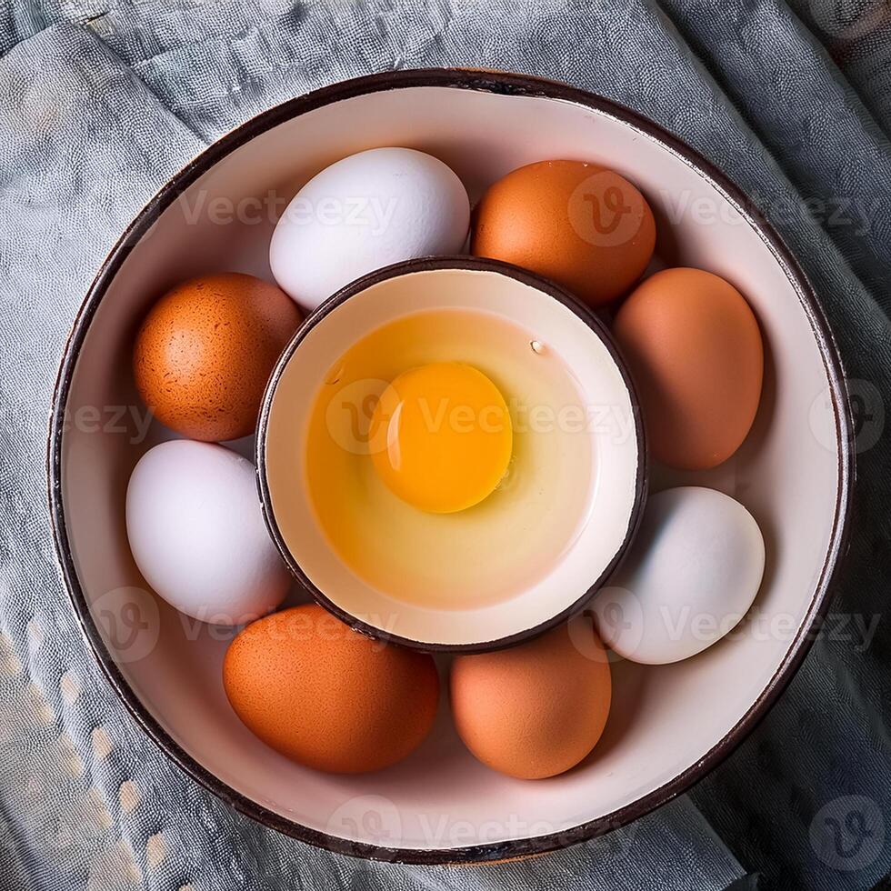 photo pallet with eggs and raw broken egg with yolk. Pattern texture background