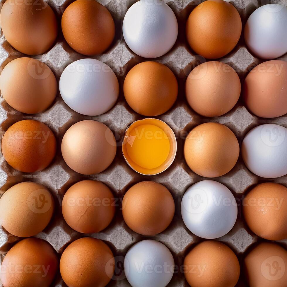photo pallet with eggs and raw broken egg with yolk. Pattern texture background