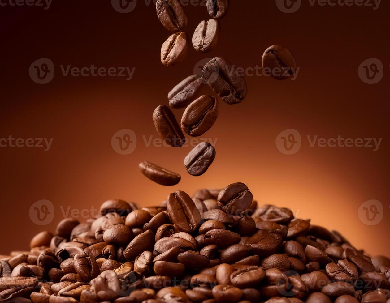 Photo of Roasted coffee beans falling on heap against brown background.