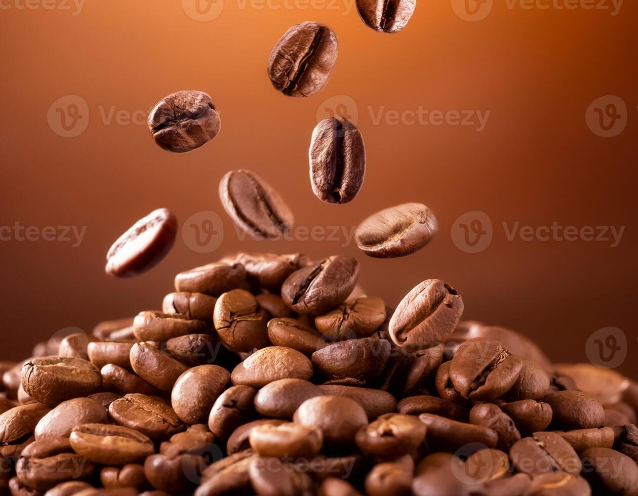 Photo of Roasted coffee beans falling on heap against brown background.