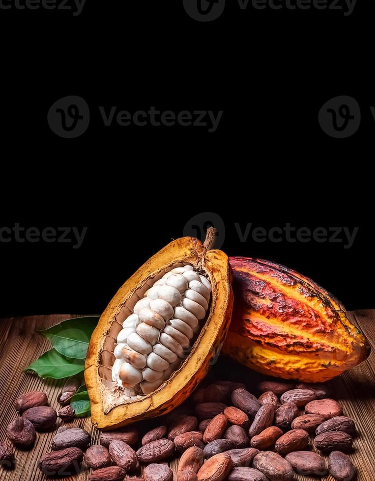 Photo of Cocoa Beans and Cocoa Fruits on wooden, Cocoa concept.