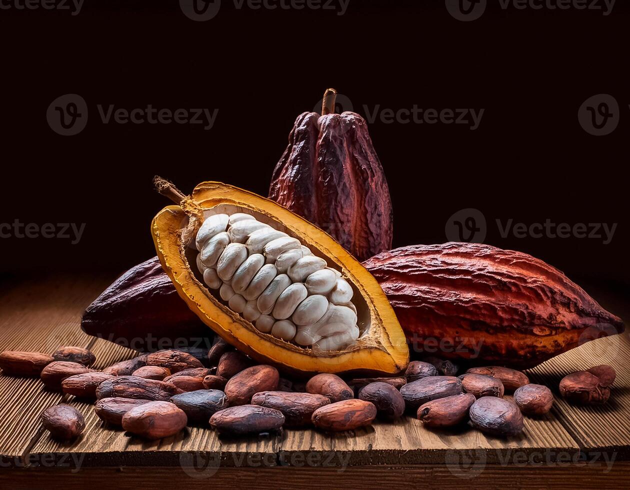 Photo of Cocoa Beans and Cocoa Fruits on wooden, Cocoa concept.