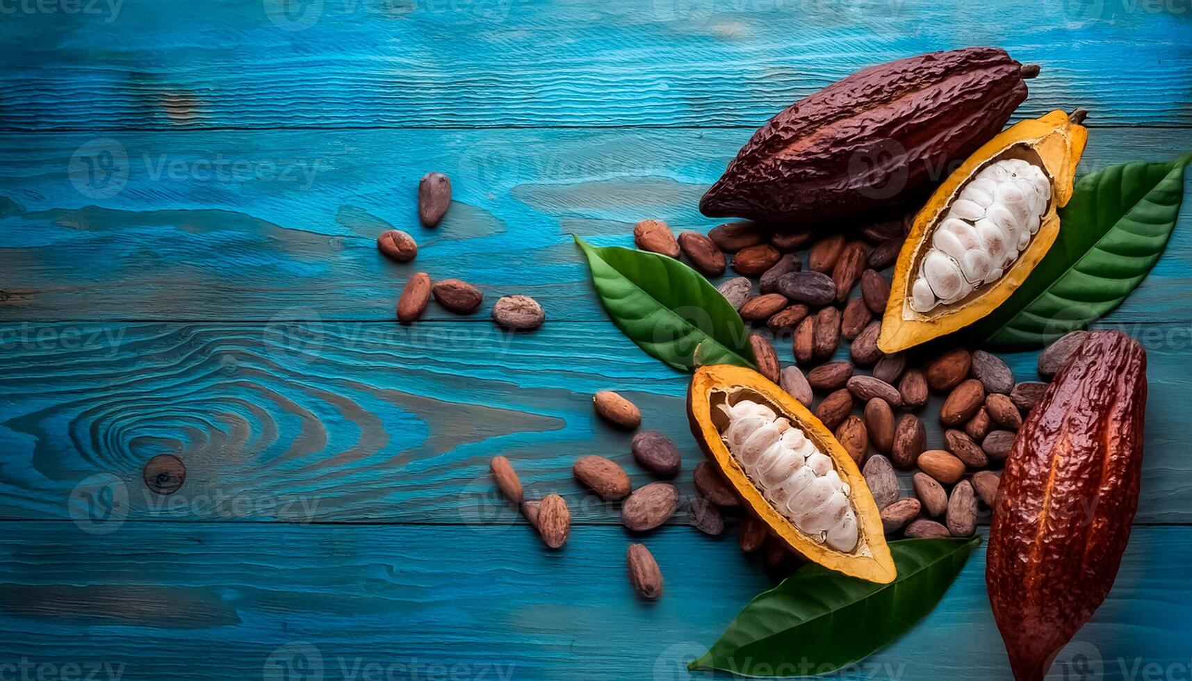 Photo of Cocoa Beans and Cocoa Fruits on wooden, Cocoa concept.