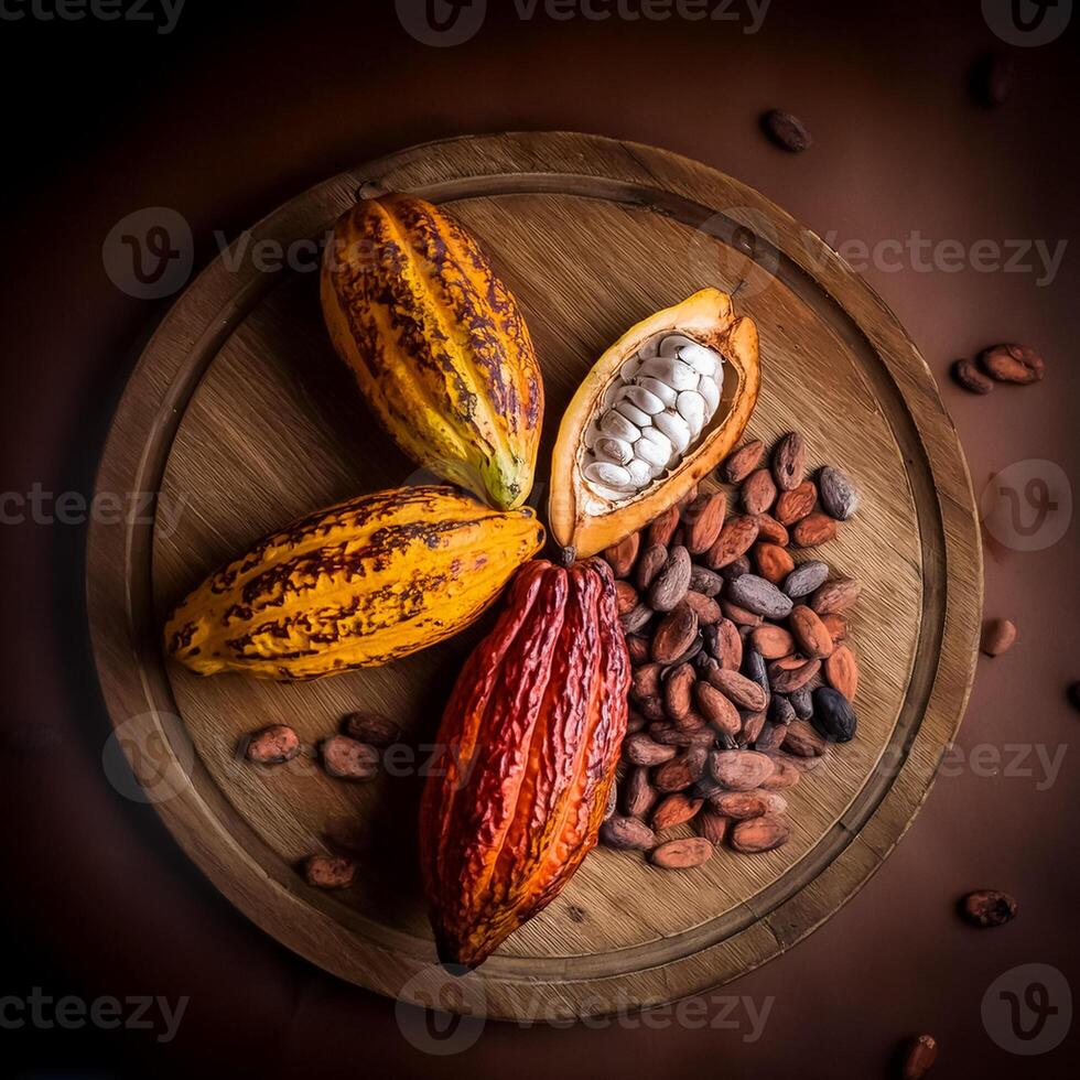 Photo of Cocoa Beans and Cocoa Fruits on wooden, Cocoa concept.