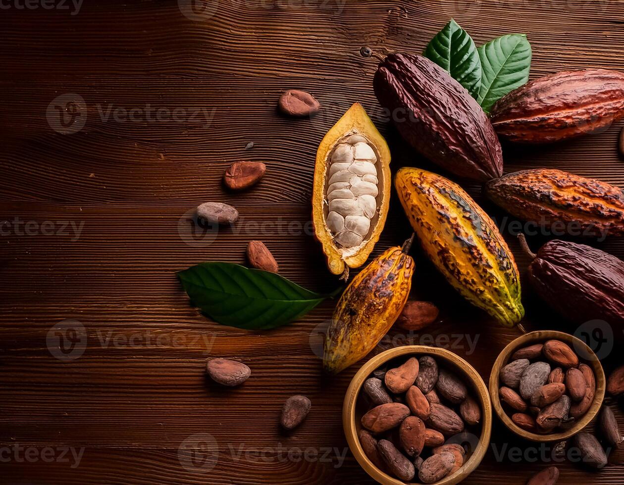 Photo of Cocoa Beans and Cocoa Fruits on wooden, Cocoa concept.