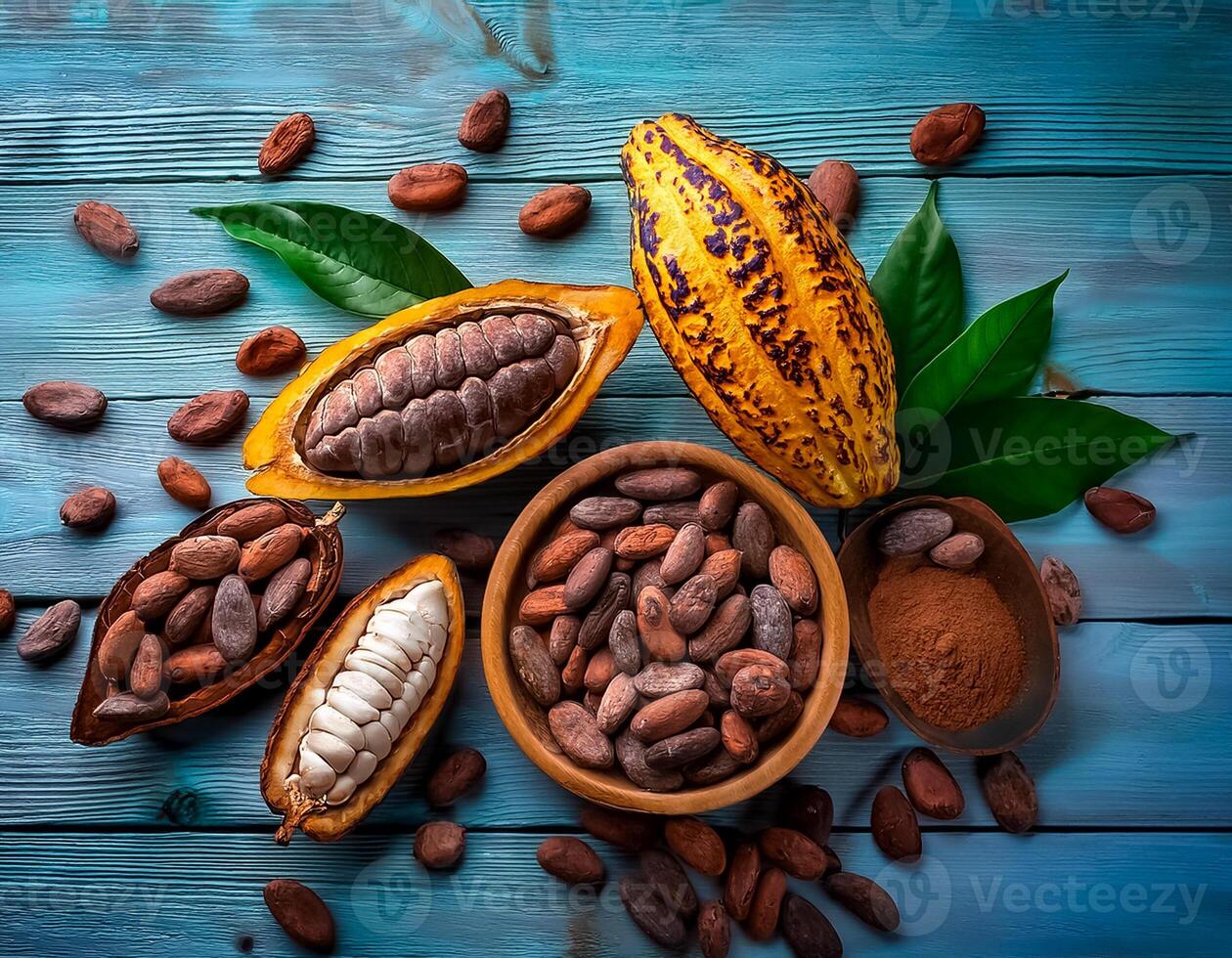 Photo of Cocoa Beans and Cocoa Fruits on wooden, Cocoa concept.