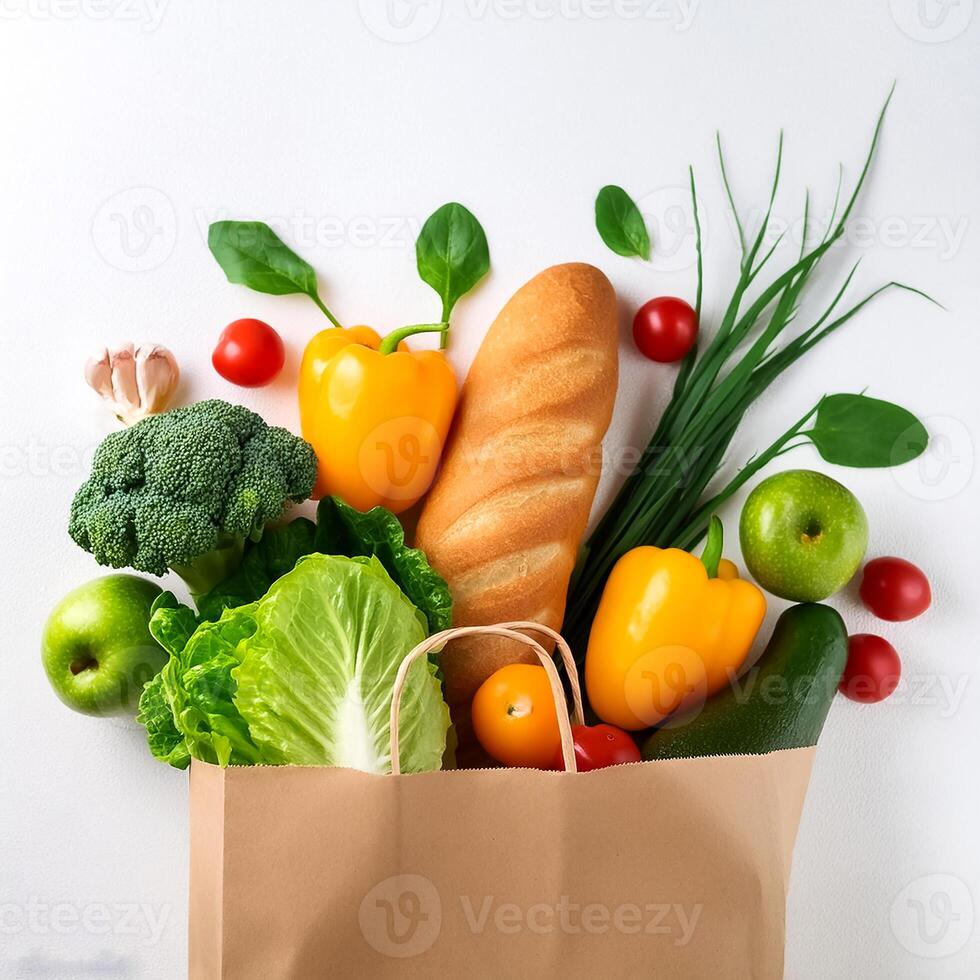 Healthy food background. Healthy vegan vegetarian food in paper bag vegetables and fruits on white, copy space, banner. Shopping food supermarket and clean vegan eating concept photo