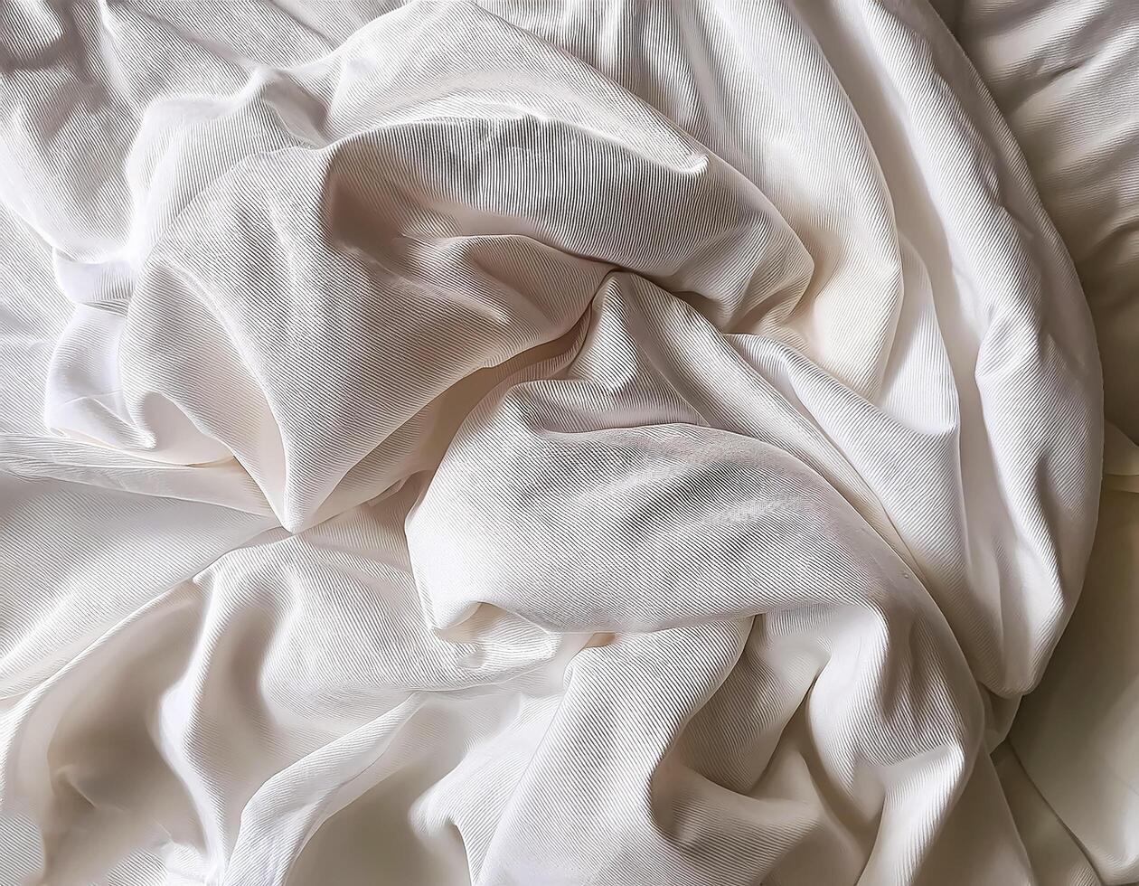 Background concept. Soft bed sheets that are still wrinkled after being used. The white bed sheets were crumpled and shabby. Pattern texture background. photo