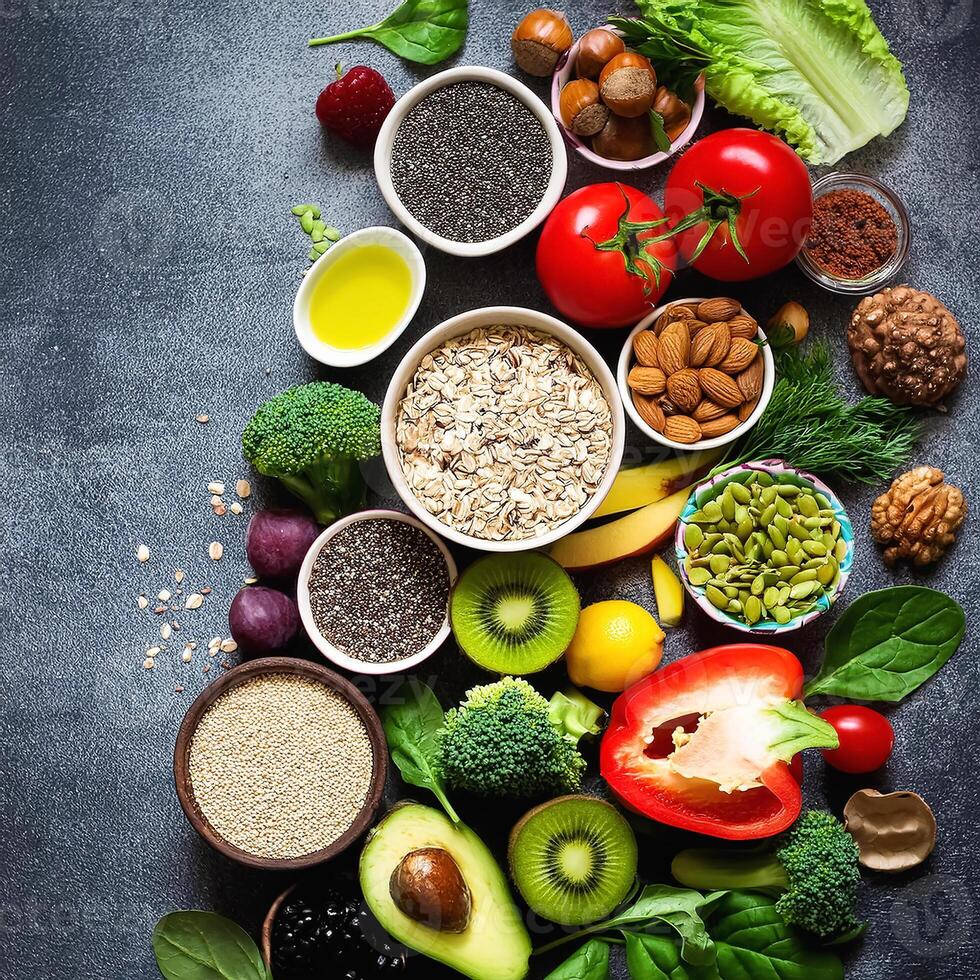 Healthy food, clean eating, choice of fruit, vegetables, grains, superfoods, cereals, leafy vegetables concrete photo