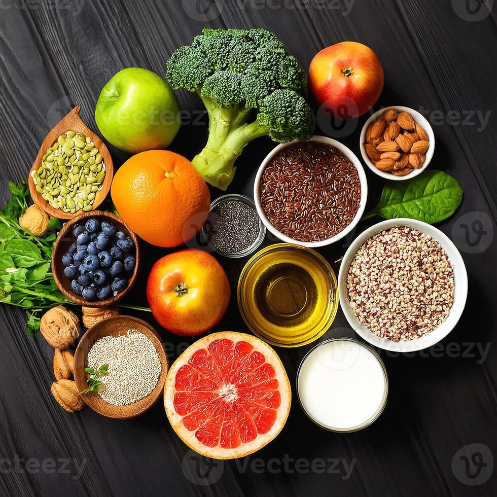 Healthy food, clean eating, choice of fruit, vegetables, grains, superfoods, cereals, leafy vegetables concrete photo