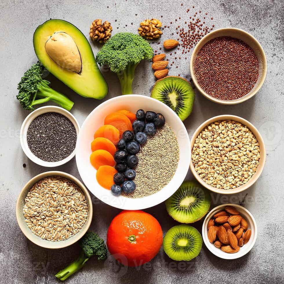 Healthy food, clean eating, choice of fruit, vegetables, grains, superfoods, cereals, leafy vegetables concrete photo