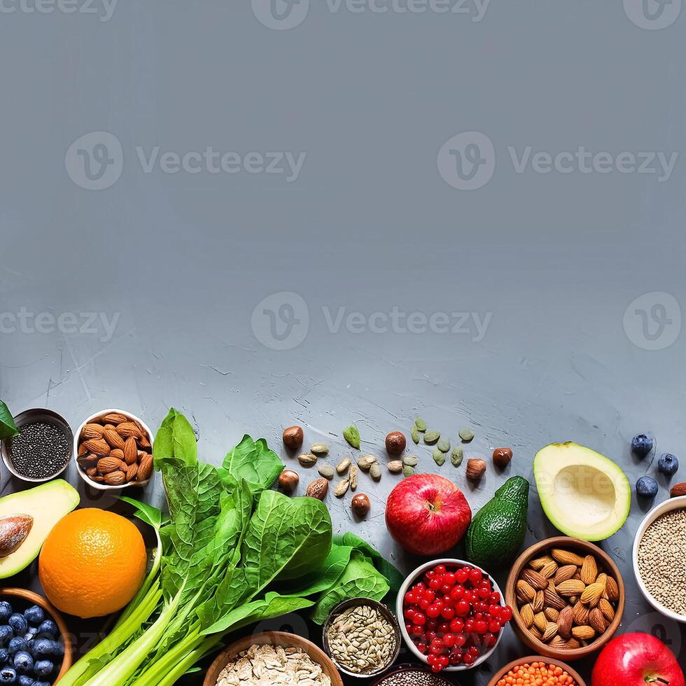 Healthy food, clean eating, choice of fruit, vegetables, grains, superfoods, cereals, leafy vegetables concrete photo