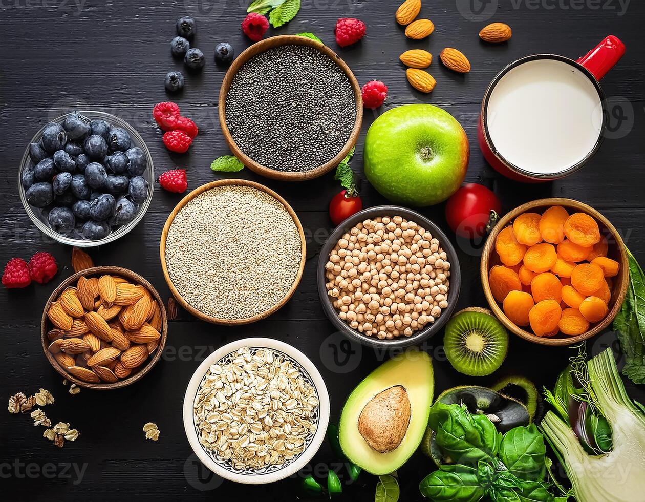 Healthy food, clean eating, choice of fruit, vegetables, grains, superfoods, cereals, leafy vegetables concrete photo