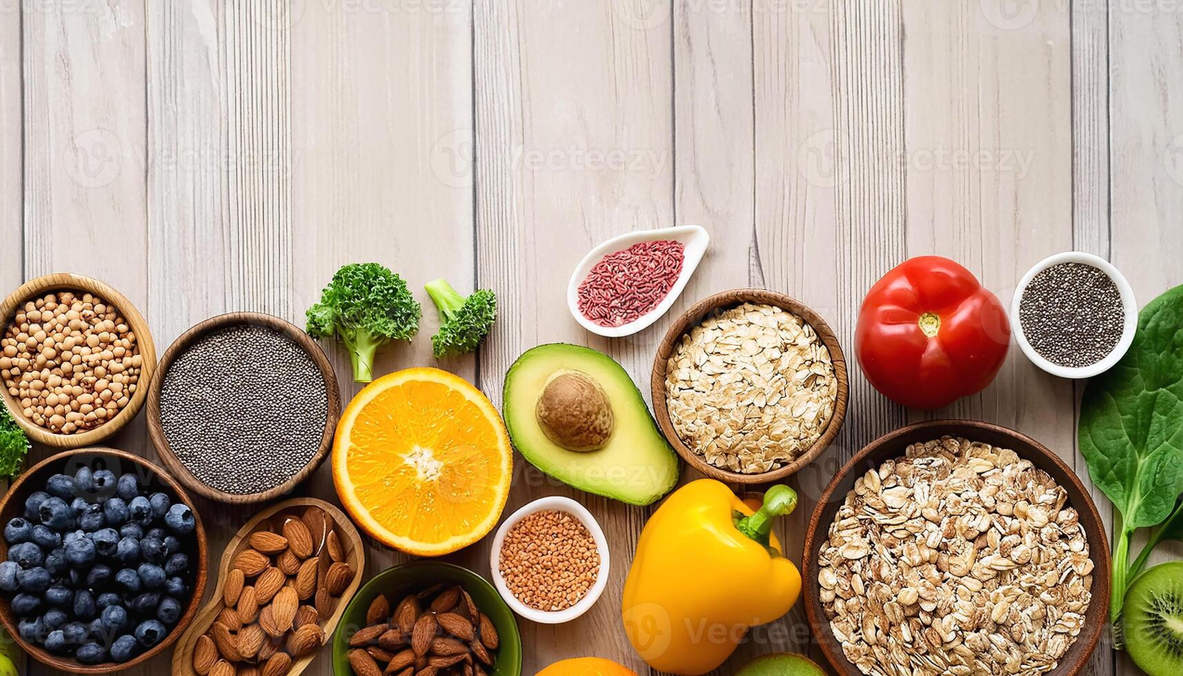 Healthy food, clean eating, choice of fruit, vegetables, grains, superfoods, cereals, leafy vegetables concrete photo