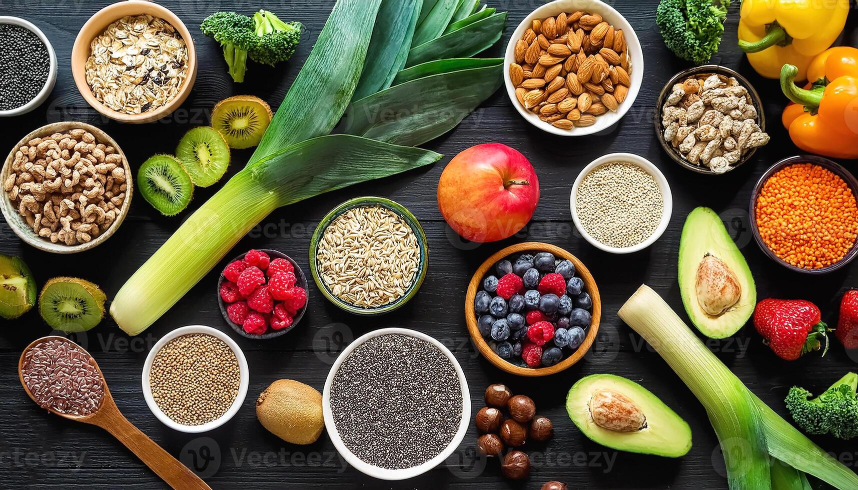 Healthy food, clean eating, choice of fruit, vegetables, grains, superfoods, cereals, leafy vegetables concrete photo