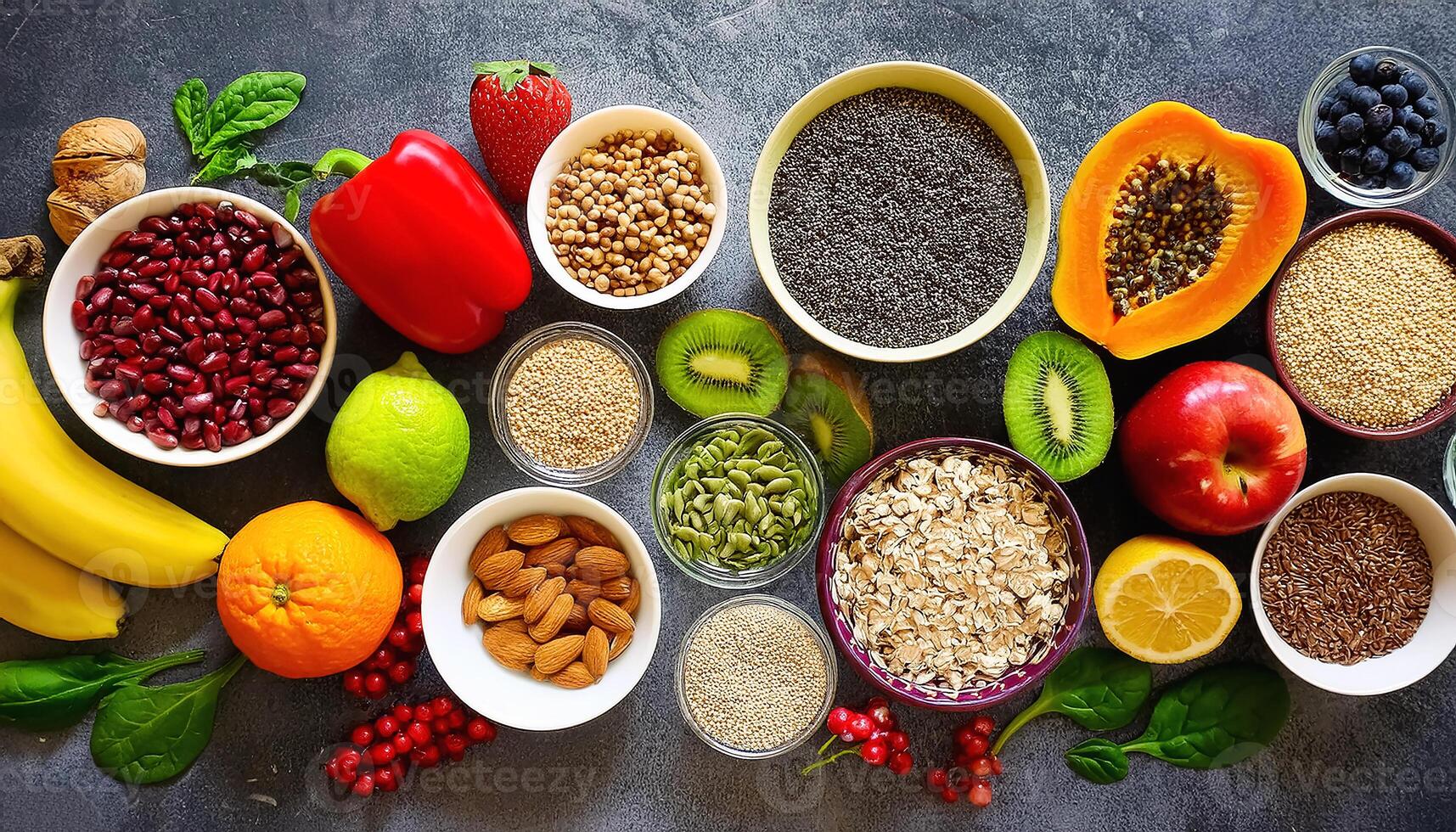 Healthy food, clean eating, choice of fruit, vegetables, grains, superfoods, cereals, leafy vegetables concrete photo