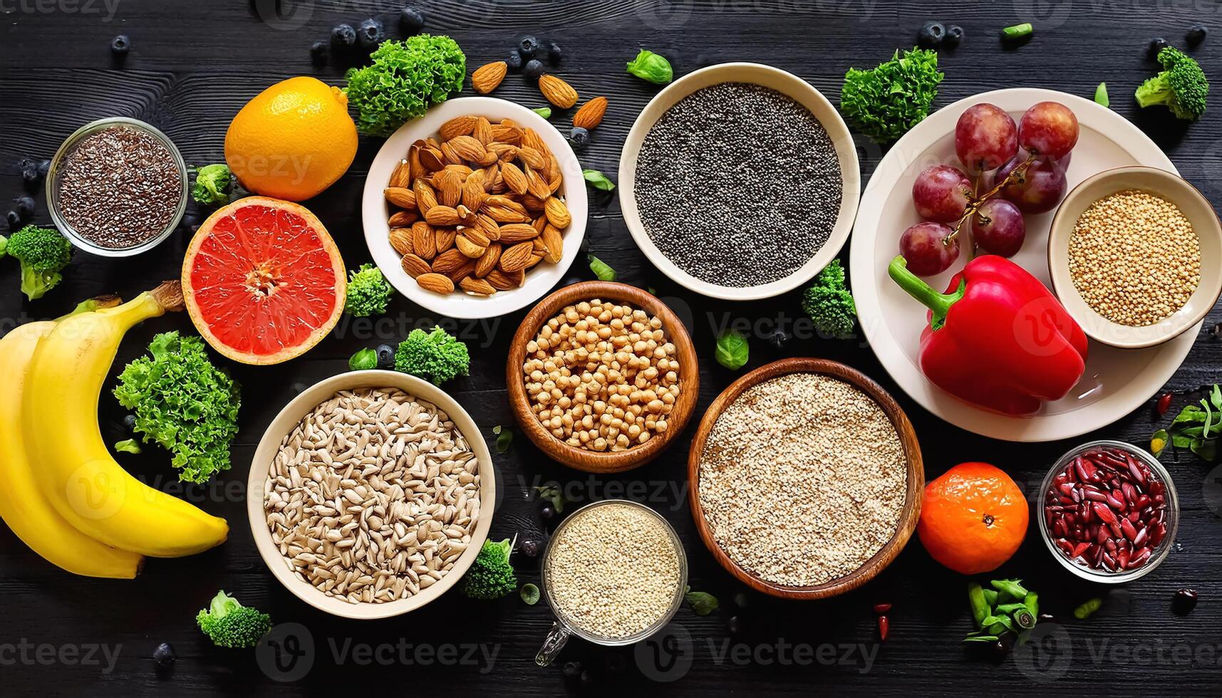 Healthy food, clean eating, choice of fruit, vegetables, grains, superfoods, cereals, leafy vegetables concrete photo