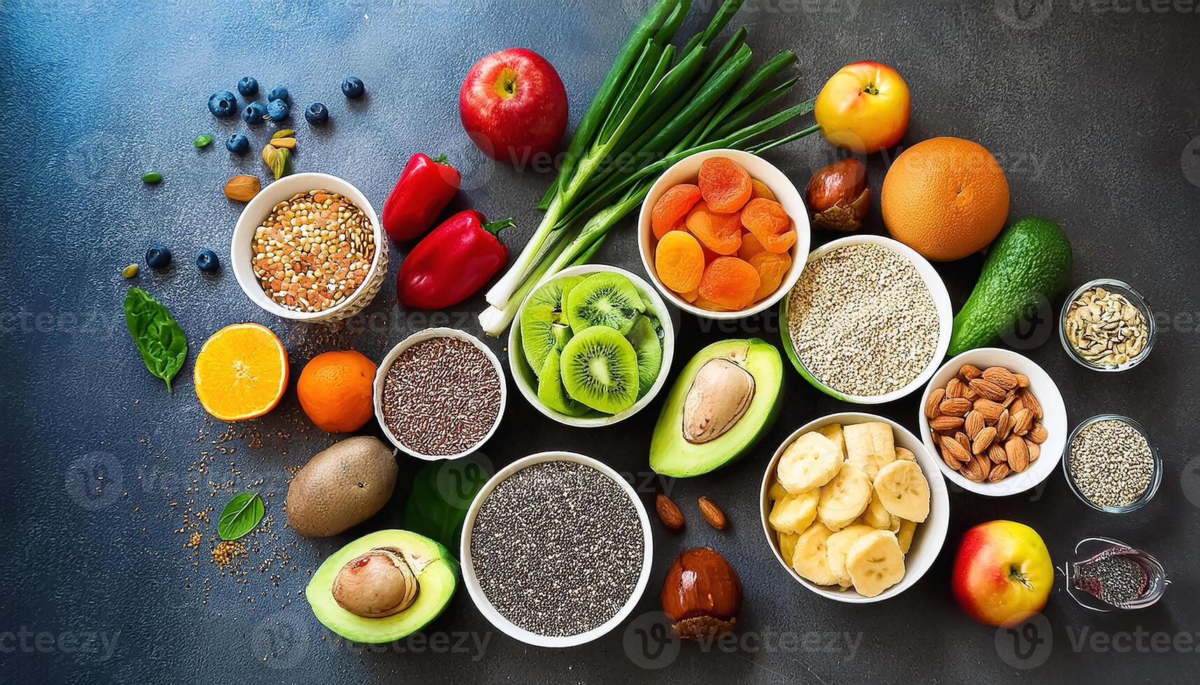 Healthy food, clean eating, choice of fruit, vegetables, grains, superfoods, cereals, leafy vegetables concrete photo