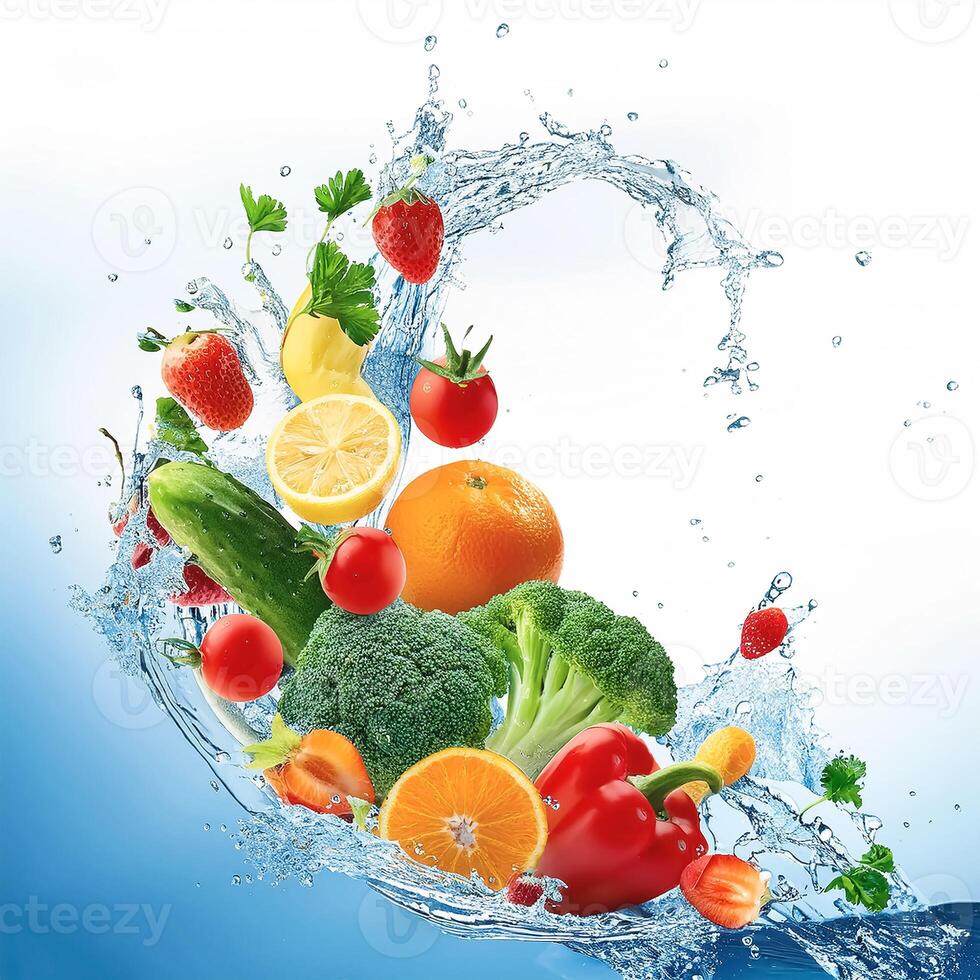 fresh multi fruits and vegetables splashing into blue clear water splash healthy food diet freshness concept isolated white background photo