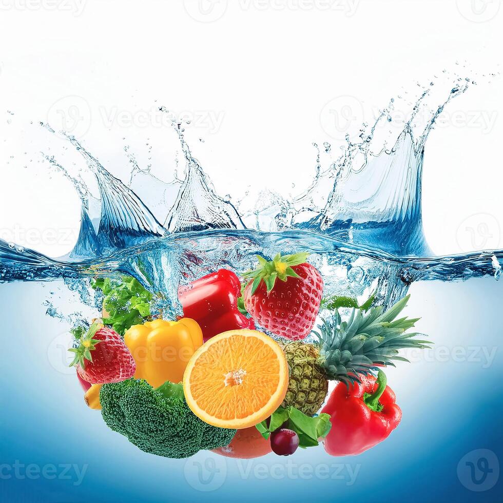 fresh multi fruits and vegetables splashing into blue clear water splash healthy food diet freshness concept isolated white background photo