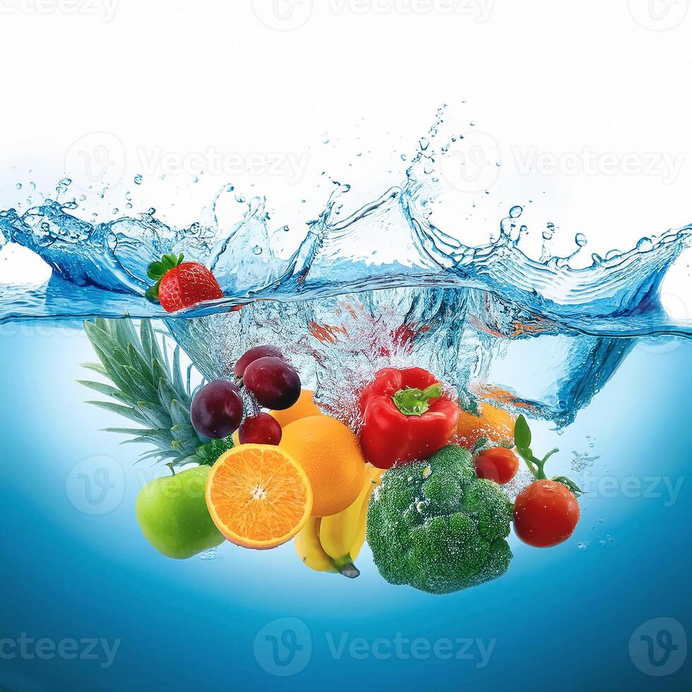 fresh multi fruits and vegetables splashing into blue clear water splash healthy food diet freshness concept isolated white background photo