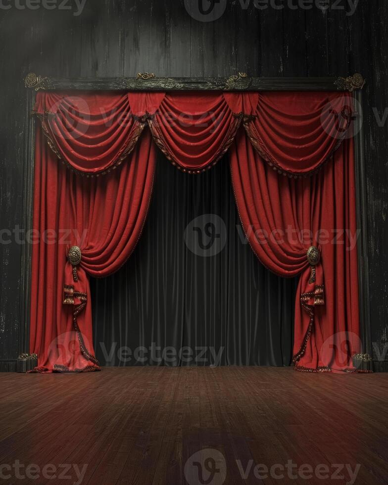 Empty Stage With Red Curtain and Chairs photo