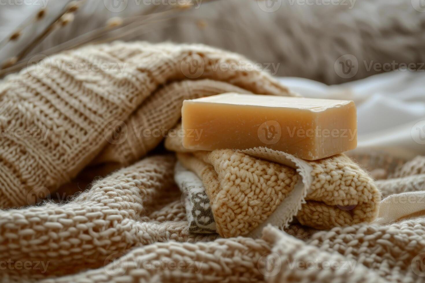 Bar of Soap on Patterned Blanket photo