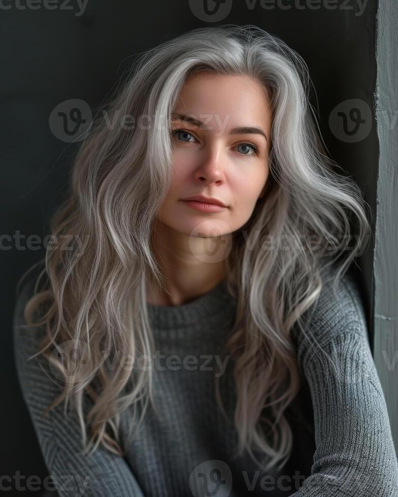 Woman With Gray Hair and Gray Sweater photo