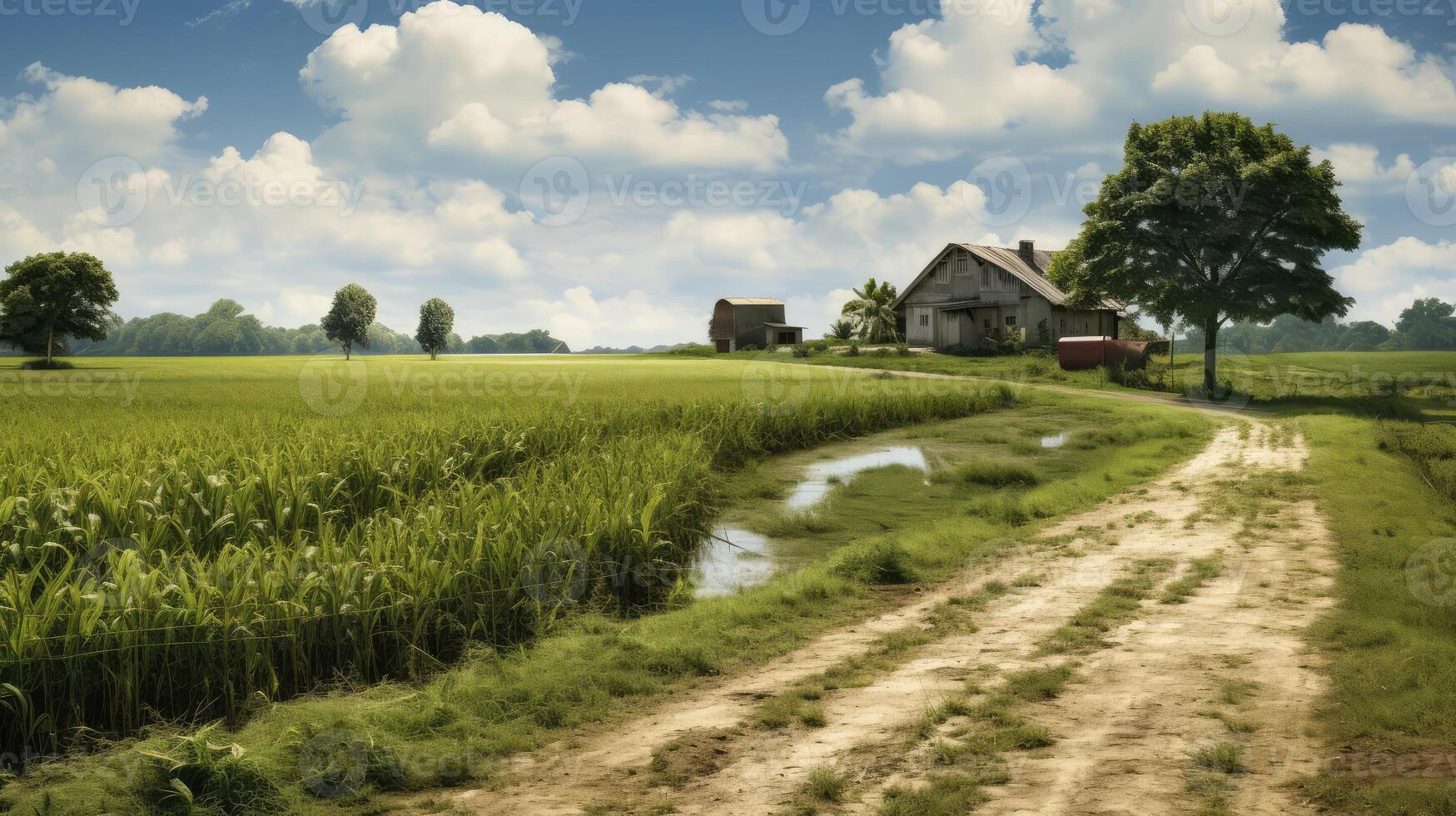 Dirt Road Through Lush Green Field photo