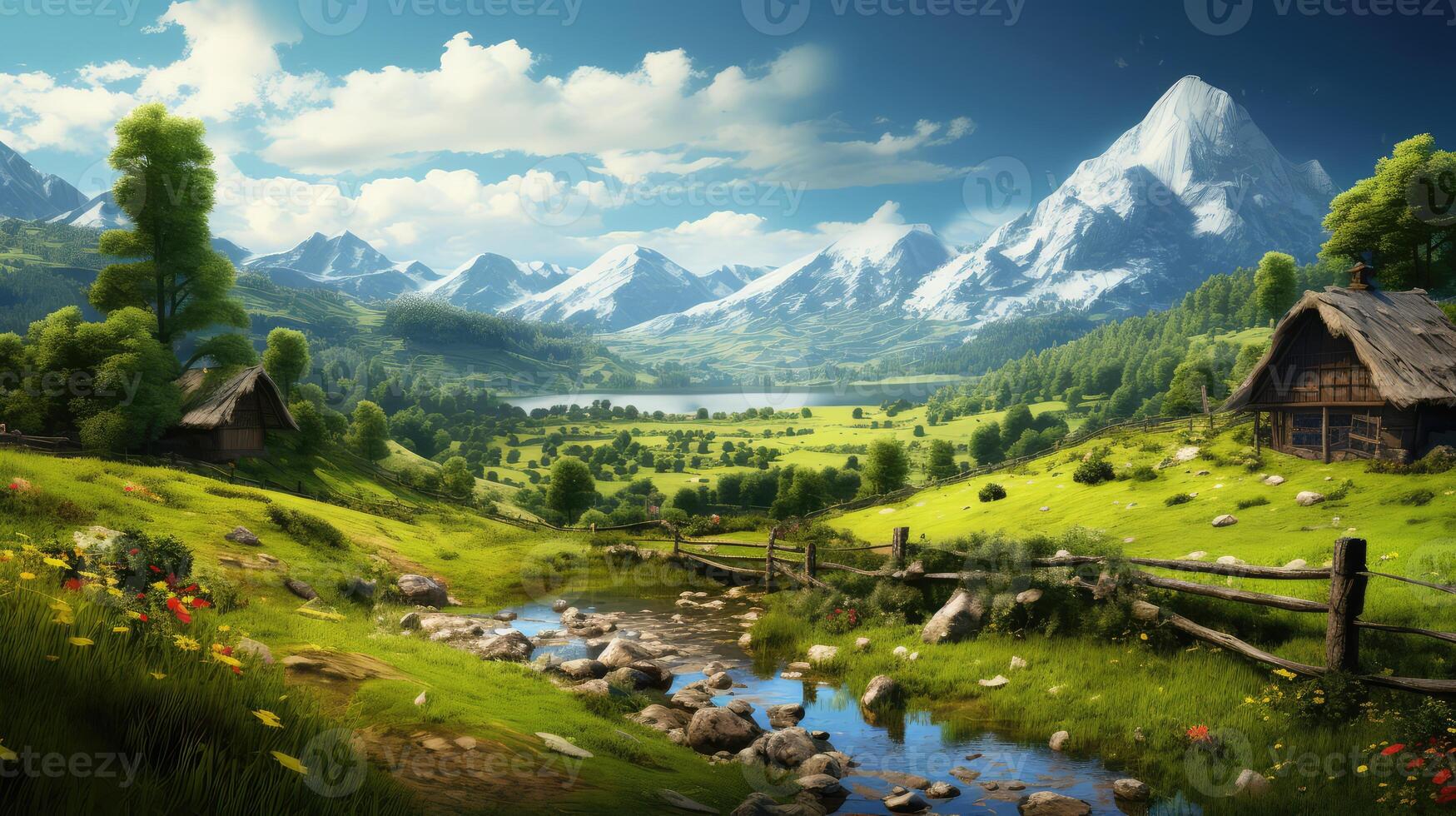Mountain Landscape Painting With Stream photo