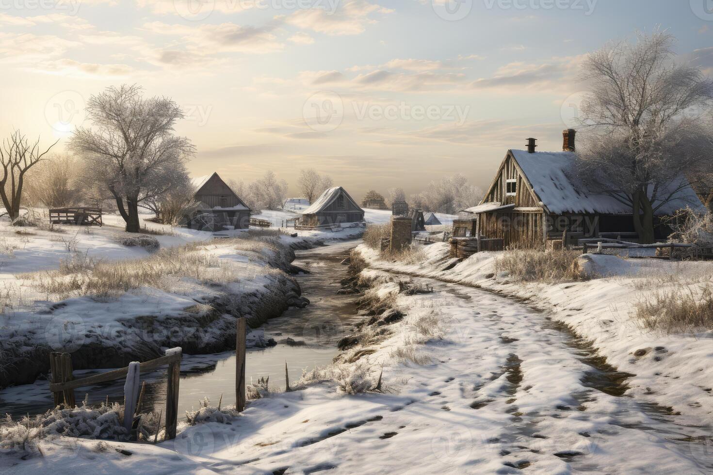 Snow Covered Field With Small Stream photo